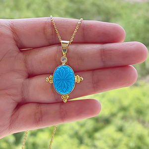 Collar con colgante de turquesa tallado a mano, chapado en oro, ovalado, floral, azul, joyería de piedras preciosas, collar de circón cúbico para mujer - Product Image 5