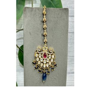 Tikka en laiton plaqué or de qualité supérieure, aspect pierre, finition Kundan, pour femmes et filles, pour les occasions de fête et de mariage - Product Image 1