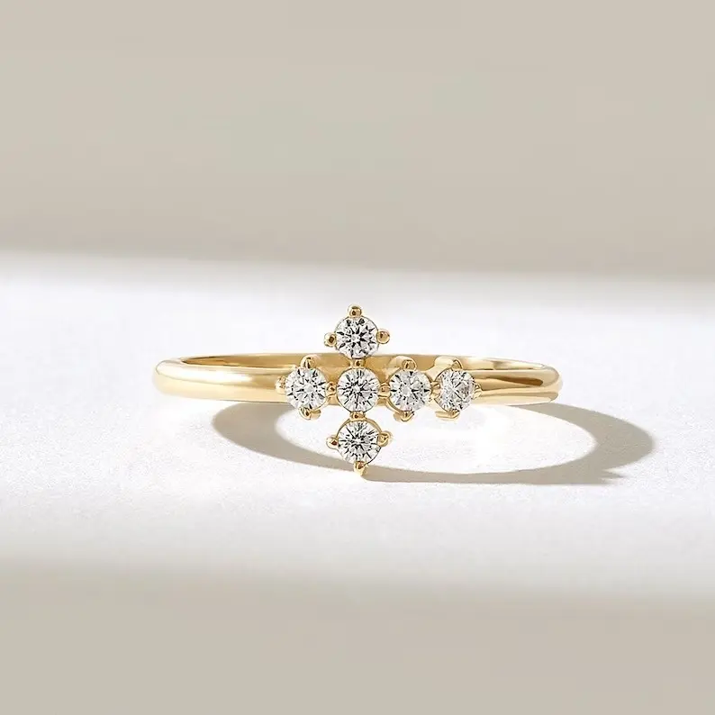 Anel de noivado de ouro 14K para mulheres, anel de diamante de ouro maciço amarelo, cruz de cinco pedras para pavimentação de fábrica, atacado de laboratório
