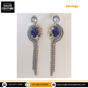 Boucles d'oreilles en saphir bleu pour femme, produit d'origine indienne, conception fantaisie, glands brodés à la main, 5 pouces de Long - Product Image 2