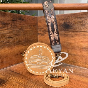 Venta al por mayor Premium Boot Stitch Suede Leather Mini Crossbody Monedero Mano Tooled Wristlet Cremallera redonda Bolsa de dinero para las mujeres - Product Image 1