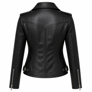 Veste de motard en similicuir noir pour femme, manches longues, fermeture éclair, col montant, coupe classique - Product Image 2