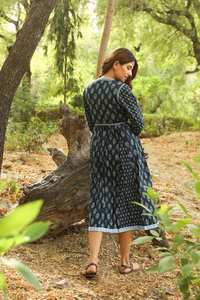 Vestido Midi Bohemio Nuevo, Estampado a Mano, Algodón Puro, Floral, Azul Marino, Blanco, Ropa Casual - Product Image 3