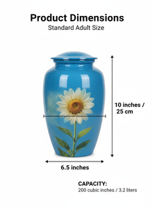 Urna Funeraria para Adultos Estilo Europeo Color Azul Cielo con Diseño de Girasol, Acabado Pulido, Metal/Aluminio Ecológico, Hecho a Mano en India - Product Image 5