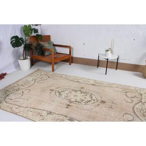 Vintage Rug, 4.3x8 ft Turkish Rug, <b>Brown</b> Polka dot <b>Wool</b> Rug - Product Image 3