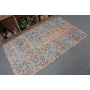 Alfombra turca vintage de 3.4x5.8 pies, alfombra de lana con diseño de plantas y árboles en azul y naranja - Product Image 5