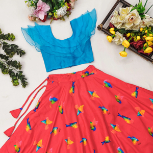 Lehenga Choli Infantil con Estampado de Pájaros de Shoryam Fashion |   Conjunto de Falda y Top con Volantes de Organza |   Vestido Indio Personalizado Hasta el Suelo de Secado Rápido - Product Image 1