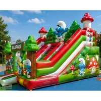 Aire de jeux gonflable commerciale sur le thème des Smurfs, grand château gonflable extérieur avec toboggan, équipement de parc d'attractions