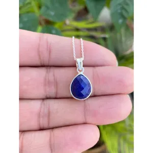 925 <b>Silver</b> Pear Lapis Lazuli Pendant <b>Necklace</b> with Bezel Setting Inlay Technology - Product Image 1