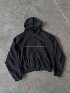 HLD24059MH Sudadera con Capucha Corta y Holgada para Hombre, con Estampado 3D en Relieve, Cierre de Cremallera, Estilo Desgastado - Product Image 4