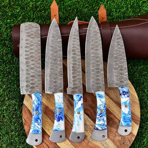ชุดมีดทำครัวเหล็กดามัสกัส5ชิ้นทำด้วยมือทำจากหนังแท้ชุดมีดเชฟดามัสกัสขนาดตามสั่ง - Product Image 2