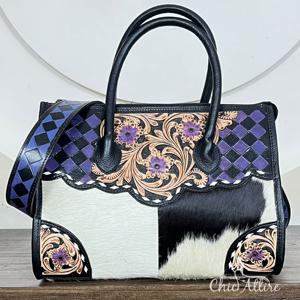 Sac à main en cuir à bandoulière Western à carreaux violets et noirs, fait à la main, pour femmes, en cuir de vache à poils, sacs à main de luxe de créateur - Product Image 1