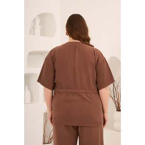 Waist Lace-Up Detail V-Neck Women's Plus Size Jacket Trousers <b>Set</b> Brown - Product Image 6