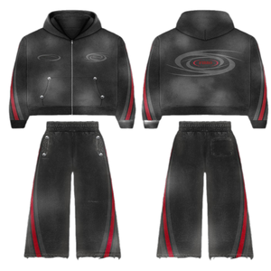 ชุดเสื้อผ้าแบบมีซิปขนาดใหญ่พิเศษสำหรับผู้ชายชุดเสื้อผ้าแนวสตรีทมีฮู้ดและกางเกงห้าส่วนทำจากผ้าเกล็ดปลาแบบพิเศษ - Product Image 1