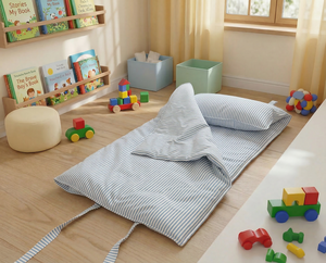 Foldable Baby Sleeping <b>Mat</b>-Organic Natural Cotton Fabric Striped Pattern All-Season Use Removable Washable Portable <b>Roll</b>-Up Kids - Product Image 3