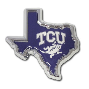 ตราสัญลักษณ์แฟนคลับหรูหราสีม่วงโครเมียมรูปทรง Texas ของ Hanwell TCU สำหรับติดตัวถังรถยนต์ ขนาด 3x3 นิ้ว ผลิตจากวัสดุ ABS แบบติดด้วยตัวเอง - Product Image 1