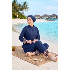 Traje de Baño Burkini de Tres Piezas con Estampado de Leopardo Azul Marino, Talla XL, Pantalones de Cintura Alta, Decoración Fruncida, Tejido Transpirable, Compatible con Hiyab - Product Image 4