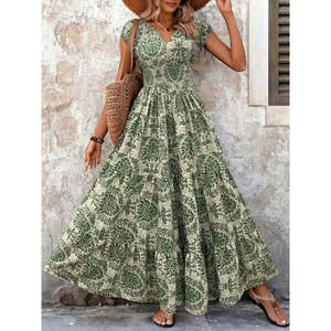 Women's Short-Sleeved Wrap-Around Neckline <b>Elasticated</b> Waist Supreme Maxi <b>Dress</b>, 37496 - patterned - Product Image 1