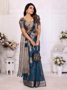 Banarasi de seda de organza suave con colección de Sari de borde tejido Jari dorado para mujer - Product Image 6