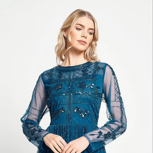 Col en V beau motif de cristal brodé perles de paillettes autres a-ligne poly maille tissu vintage robe de cocktail de fête formelle - Product Image 1