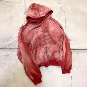 Sweats à capuche lourds pull Vintage personnalisé de haute qualité éponge française surdimensionné soleil fané fermeture éclair rivet à capuche pour hommes - Product Image 6