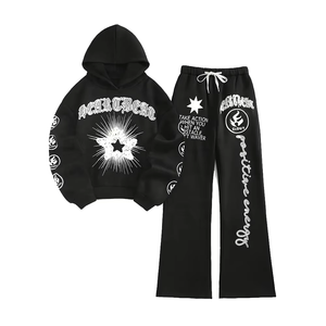 ชุดเสื้อฮู้ดดี้และกางเกงขายาวผ้าฝ้าย 100% ทรงหลวม สีดำ ลายพิมพ์แบบกำหนดเอง กางเกงขายาว แขนยาว พิมพ์ลายพัฟฟ์ ล้างสีแบบแอซิดวอช - Product Image 1
