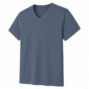 Camiseta de algodón azul pizarra personalizada con cuello en V y ribete en contraste, manga corta, lisa, informal, para hombre, ropa de verano, venta al por mayor - Product Image 3