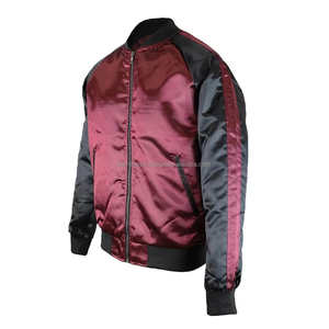 Blouson aviateur élégant en satin bicolore rouge noir pour hommes Stock prêt Fermeture à glissière Vêtements d'extérieur décontractés quotidiens - Product Image 3