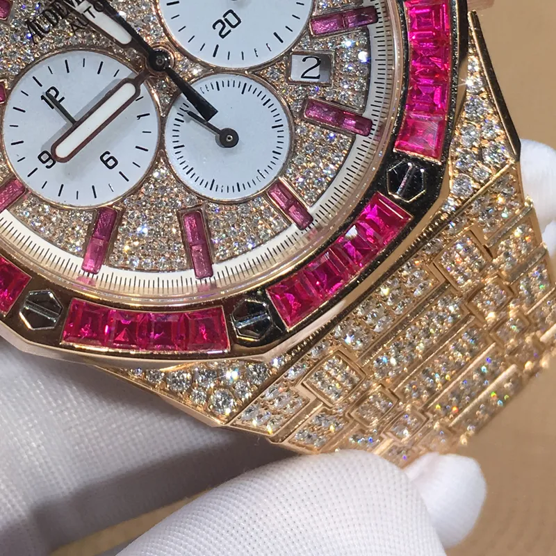 핑크 다이아몬드 28.5mm 시계 다이얼 남성용 고급 시계 부품 진짜 다이아몬드 케이스와 18k 골드 풀 다이아몬드 스트랩 시계