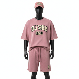 Men Premium Washed Cotton Jersey Shirt And Short Set 240GSM Soft Pink Heavyweight Screen Print Puff Logo Men's Jogging Short Set - Product Image 6