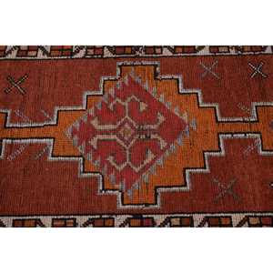 3.1x11.2 ft Vintage Herki Rug, Turkish Rug, <b>Red</b> Check <b>Wool</b> Rug - Product Image 5