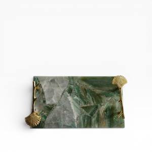 Green Natural Agate <b>Stone</b> Rectangular Decorative Tray with Layered Crystal Texture and Gold Fan Style Handles - Product Image 1
