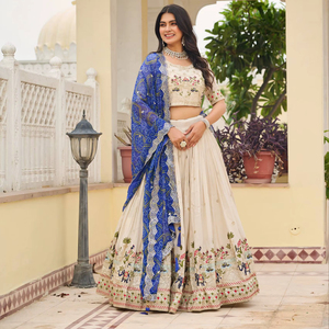 Ensemble Lehenga Choli en Soie Mélangée Ivoire pour Femme Unity Luxure, avec Dupatta Bleu Bandhani Brodé, Modèle 143, pour Mariage et Tenues de Cérémonie - Product Image 1