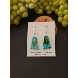 Navajo Green Mohave Turquoise & Sterling <b>Silver</b> Drop <b>Earrings</b> Geometric Slab <b>Dangle</b> Design Handmade - Product Image 4