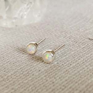 Petite Tiny Opal Round <b>Stud</b> <b>Earrings</b> Width 4 Mm <b>Set</b> In 925 <b>Sterling</b> <b>Silver</b> White Gemstone Bridal Wedding Engagement Party Wear - Product Image 2
