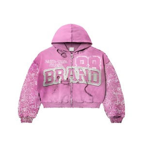 Custom High Quality Vintage Hoodies Manufacturer 400 Gsm Sunfaded Acid Wash Patch Embroidery <b>Cropped</b> <b>Zip</b> <b>up</b> Hoodie Men - Product Image 2