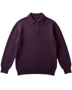 Suéter Polo de Punto Texturizado Personalizado para Hombre, Manga Larga, Cuello con Botones, Informal, para Invierno, Color Morado Ciruela Intenso - Product Image 1