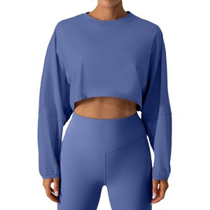 Women's Custom 100% Cotton Cropped Pullover Tops Long Sleeve Washed Sweatsuit Breathable Front Lined Anti-Wrinkle for - Product Image 1