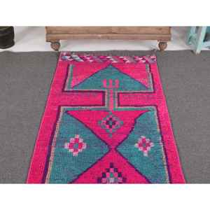 พรมตุรกีเฮอร์กี ขนาด 2.7x11.2 ฟุต พรมวินเทจ พรมขนสัตว์ลายดอกไม้สีชมพู - Product Image 3