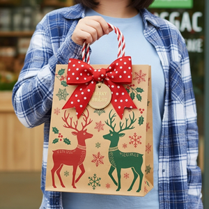 Bolsa de regalo de Navidad de papel Kraft reutilizable con asa de cinta e impresión temática de vacaciones para familiares y amigos - Product Image 6