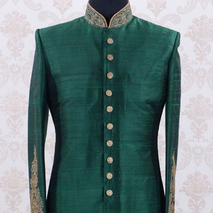 Elegant Bottle Green Sherwani Dress with Embroidered Glass Beads Matching Shoes Custom for Party or Wedding 2023 - Product Image 1