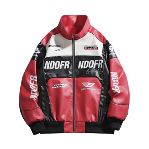 Chaqueta de cuero de motocicleta de carreras para hombre con logotipo personalizado OEM al por mayor, nuevo estilo, tela de lona de piel de oveja con cuello levantado de bloque de color - Product Image 1