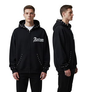 Streetwear en éponge française de haute qualité à capuche personnalisée 100% coton strass poids lourd Boxy sweat à capuche zippé hommes - Product Image 2