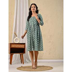 Robe en coton imprimée à la main Green Jaal, décontractée et élégante, longueur genou, col carré, boutons sur le devant, tailles XS à 5XL, respirante - Product Image 5