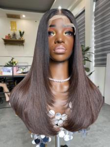 <b>Wig</b> Ombre Brown Color Vietnamese HD Lace Front Closure Virgin Cuticle Aligned Remy Hair Medium Length Weft Extensions - Product Image 3