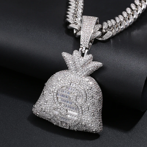 Palatial New VVS Moissanite Diamond Icedout Glamorous HipHop Money Bag Pendent & Cuban Link Chain S925 Silver Gold Jewelry Set - Product Image 4