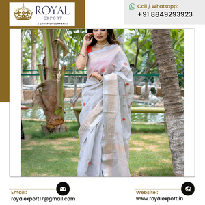 Algodón de lino original de tendencia con tejido con zari real y bordado pesado en todo el sari al mejor precio del mercado - Product Image 6