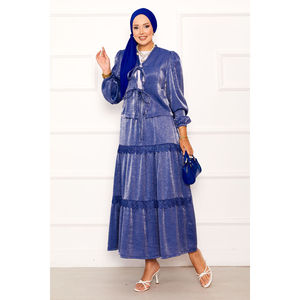 Conjunto de Kimono de Satén de Verano con Detalles de Encaje, Blazer y Pantalones Cortos, Talla XL, Top y Pantalones de Algodón y Elastano, Estampado Sólido Índigo - Product Image 3