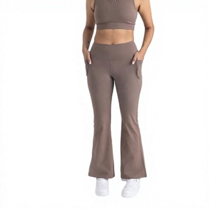 High Waist Flared Leg <b>Yoga</b> <b>Pants</b> With Pockets Solid Color Full Length Elastic Waist Spandex Polyester Four-Way Stretch - Product Image 1
