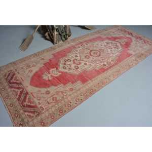 Vintage Large Rug 4.3x10.3 ft (130x314 cm), Turkish <b>Red</b> Abstract <b>Wool</b> Rug - Product Image 2